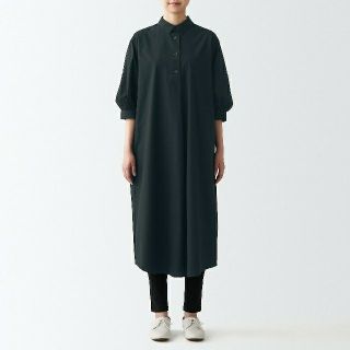 ムジルシリョウヒン(MUJI (無印良品))の★新品★ 無印良品 ブロード七分袖ワンピース／Ｌ／黒(ひざ丈ワンピース)