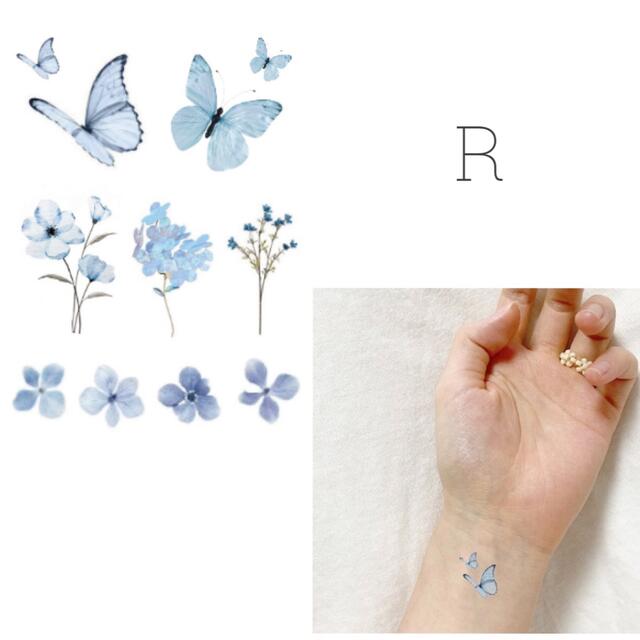 【R】タトゥーシール　韓国　ブルー　花　蝶　消えるタトゥー レディースのアクセサリー(その他)の商品写真