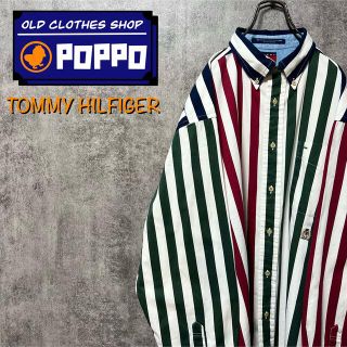 トミーヒルフィガー(TOMMY HILFIGER)のトミーヒルフィガー☆刺繍ロゴボールドストライプクレイジーパターンシャツ 90s(シャツ)