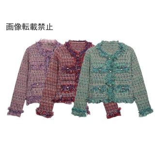 🌾9月新作🎑8905◇3color ツイード フリンジ ジャケット(ノーカラージャケット)