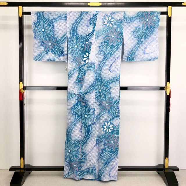 K-2650 浴衣 有松鳴海本絞り 縦縞に花柄 群青色 しつけ糸 トールサイズ