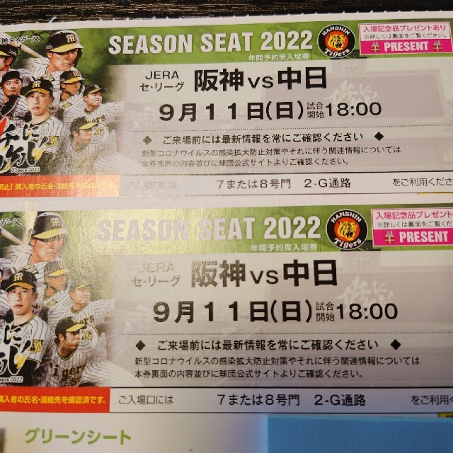 阪神 vs ヤクルト 9月12日(木) 甲子園 アイビーシート ペアチケット