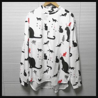 L 新品ビッグシルエット猫プリントバンドカラーシャツ キャット ネコ(シャツ)