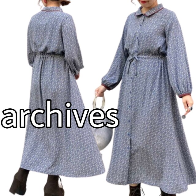 archives(アルシーヴ)のarchives 定価8140円 襟  衿  配色付 小花柄 ロングワンピース レディースのワンピース(ロングワンピース/マキシワンピース)の商品写真