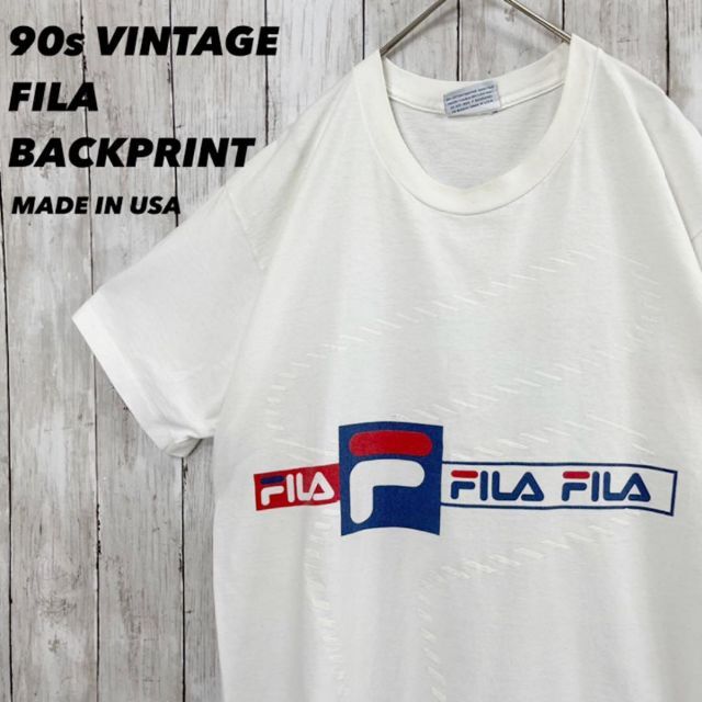 FILA(フィラ)の90sヴィンテージUSA製古着　FILAバックプリントTシャツ　サイズM 白 メンズのトップス(Tシャツ/カットソー(半袖/袖なし))の商品写真