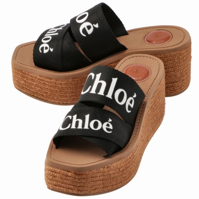 CHLOE サンダル WOODY 刺繍キャンバス ウェッジミュール 靴