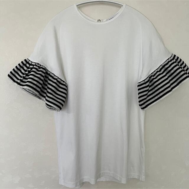 BORDERS at BALCONY(ボーダーズアットバルコニー)のボーダーズアットバルコニー　袖フリルボーダーTシャツ　38 レディースのトップス(Tシャツ(半袖/袖なし))の商品写真