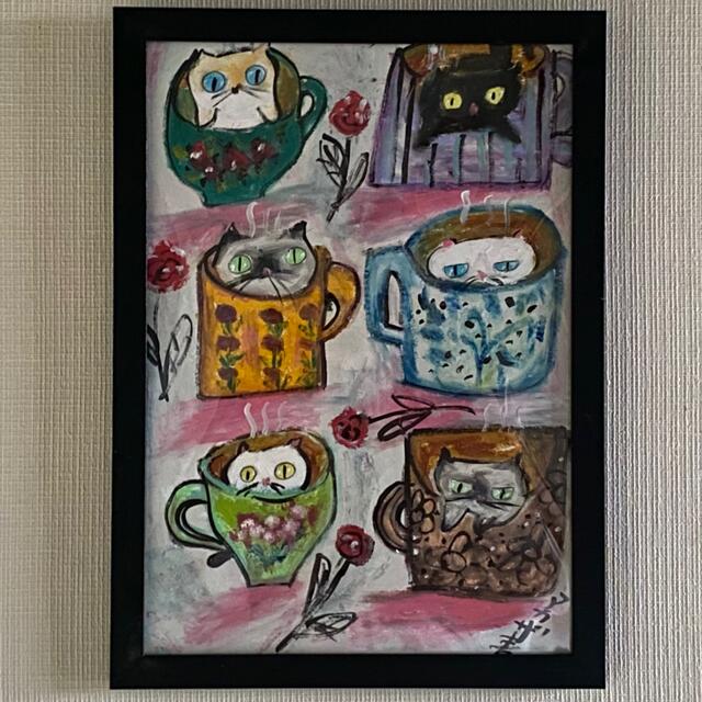 絵画 。壁掛け絵原画【Happy coffee time for cats】01