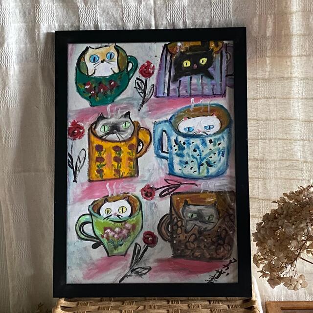絵画 。壁掛け絵原画【Happy coffee time for cats】01 3