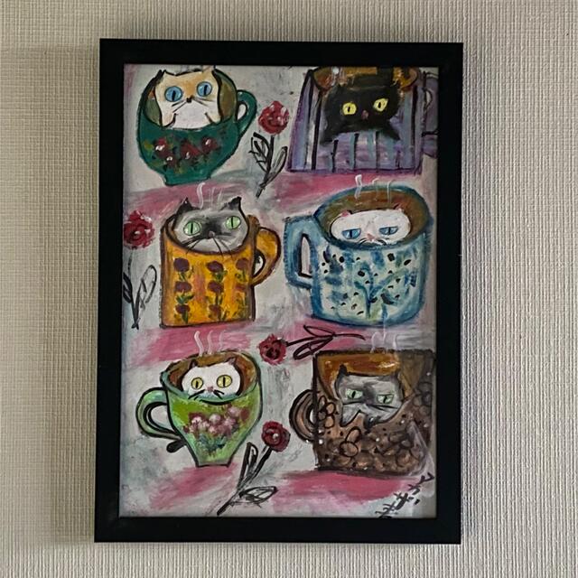 絵画 。壁掛け絵原画【Happy coffee time for cats】01 6