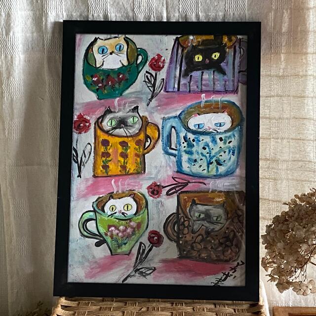 絵画 。壁掛け絵原画【Happy coffee time for cats】01 7