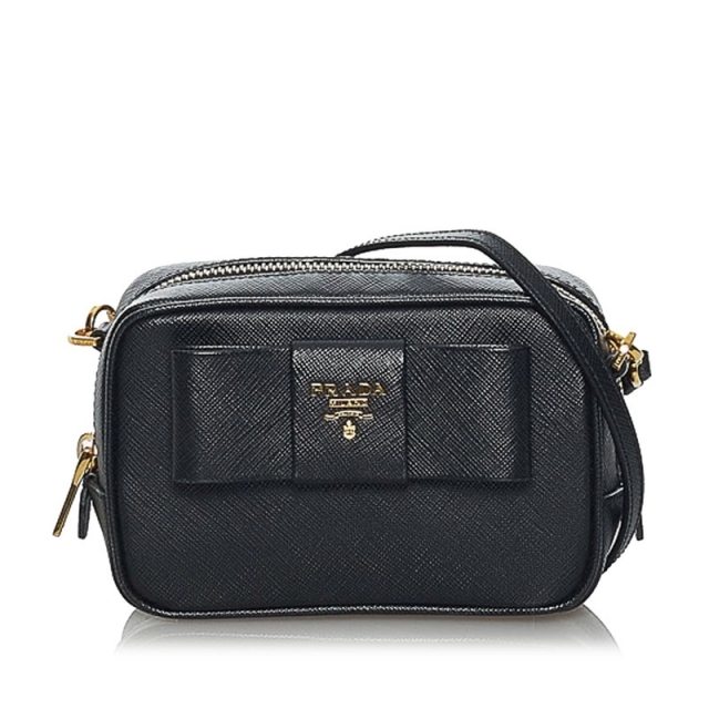 美品 プラダ サフィアーノ リボン 斜め掛け ショルダーバッグ 1NF674 レザー レディース PRADA 【1-0068675】