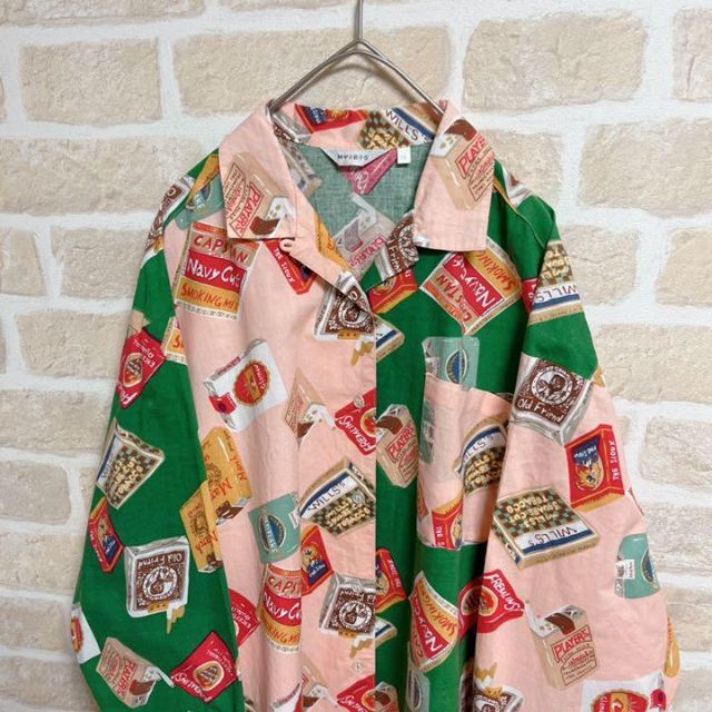 総柄シャツ オープンカラーシャツ 長袖 ロングスリーブ タバコ 切替 ピンク 緑 メンズのトップス(シャツ)の商品写真
