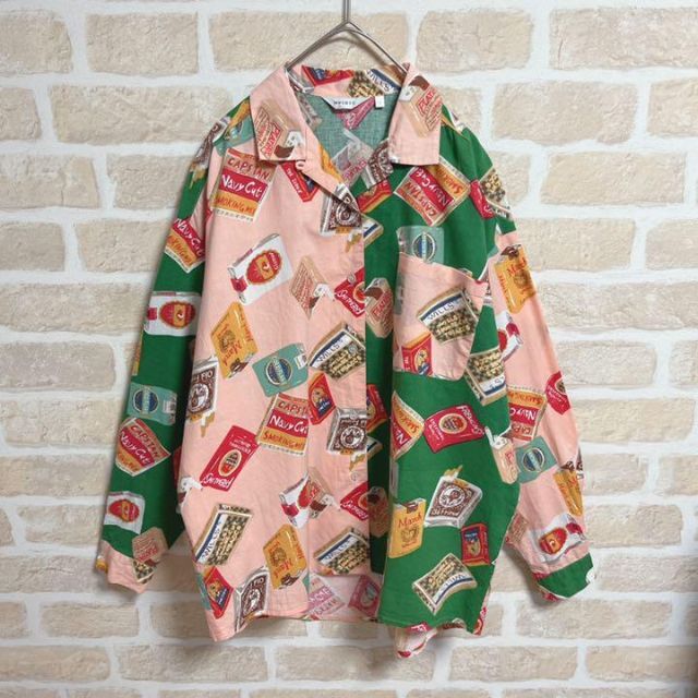 総柄シャツ オープンカラーシャツ 長袖 ロングスリーブ タバコ 切替 ピンク 緑 メンズのトップス(シャツ)の商品写真