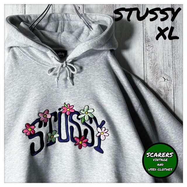 【極美品 XL】ステューシー 刺繍 フローラルロゴ スウェット パーカー 灰