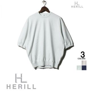 コモリ(COMOLI)の美品　HERILL COTTON CREWNECK 半袖サマーニット  ネイビー(ニット/セーター)