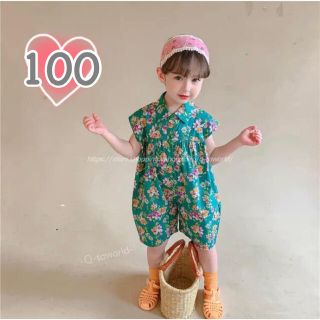 【100】オールインワン　つなぎ　ゆったり　花柄　女の子 子供服 パンツ(パンツ/スパッツ)