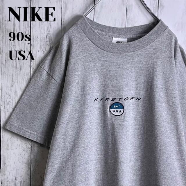 【USA製】【90s】ナイキ NIKETOWN 刺繍ロゴ Tシャツ M 灰