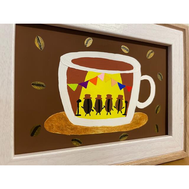 303  コーヒーカップ豆　原画絵画アクリルアートフレーム付 エンタメ/ホビーの美術品/アンティーク(絵画/タペストリー)の商品写真