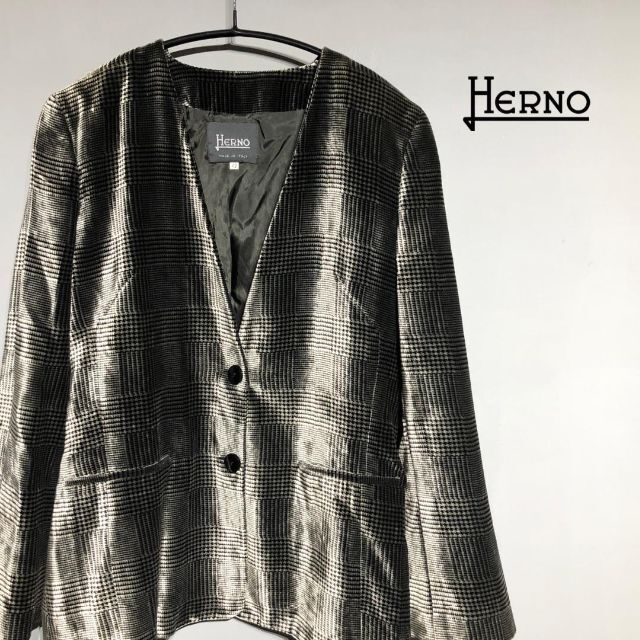 HERNO ヘルノ ノーカラージャケット 千鳥格子デザイン ベロア 値引き