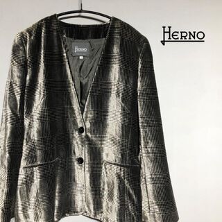 ヘルノ(HERNO)のHERNO ヘルノ ノーカラージャケット 千鳥格子デザイン ベロア(ノーカラージャケット)