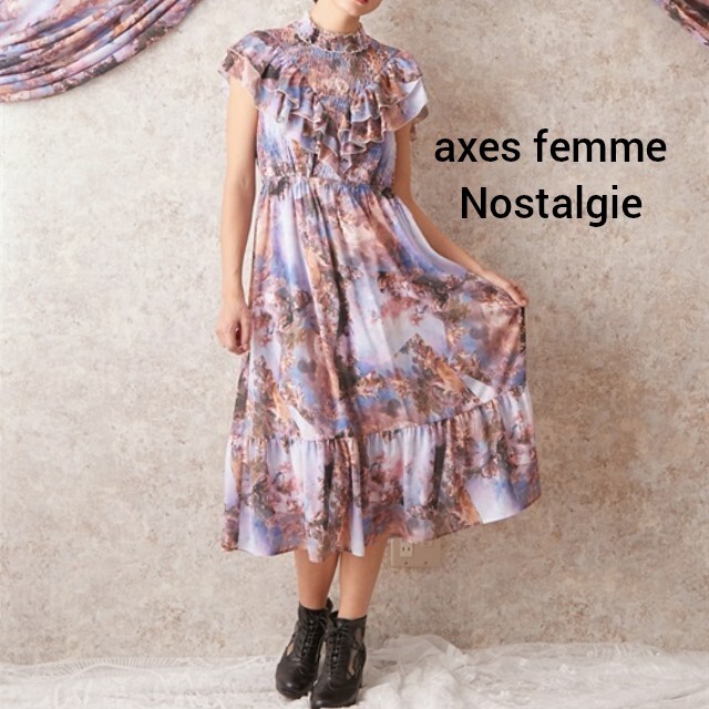 axes femme(アクシーズファム)のaxes femme　Nostalgie　天使柄シャーリングワンピース レディースのワンピース(ロングワンピース/マキシワンピース)の商品写真