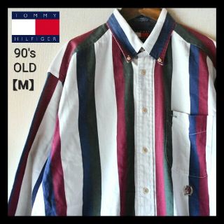 トミーヒルフィガー(TOMMY HILFIGER)の古着★90’s トミーヒルフィガー マルチストライプ柄 刺繍ロゴ 白紺長袖シャツ(シャツ)