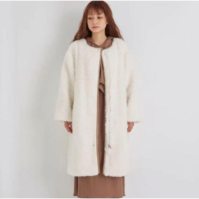 美品】COHINA ボアコート ノーカラーコート オフホワイト レディース