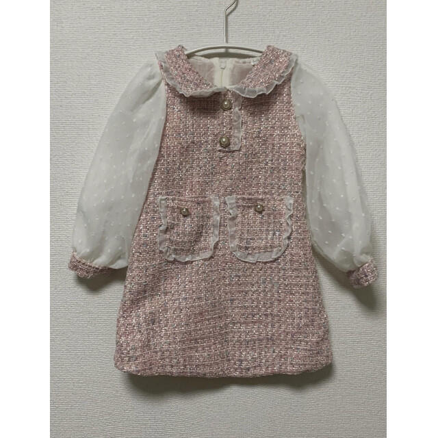 110 キッズ ツイード チェック柄 ワンピース 長袖 シフォン 清楚 可愛い  キッズ/ベビー/マタニティのキッズ服女の子用(90cm~)(ワンピース)の商品写真