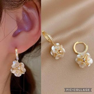 ジルコン　お花モチーフ　華奢　ピアス　パール　高見え(ピアス)