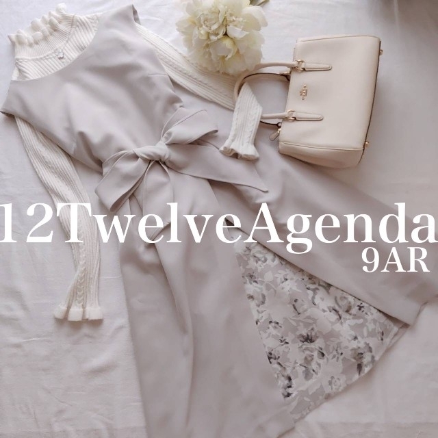 12Twelve Agenda(トゥエルブアジェンダ)のトゥエルブアジェンダ異素材切替ウエストリボンワンピースドレス夏アイスグレー秋春 レディースのワンピース(ひざ丈ワンピース)の商品写真