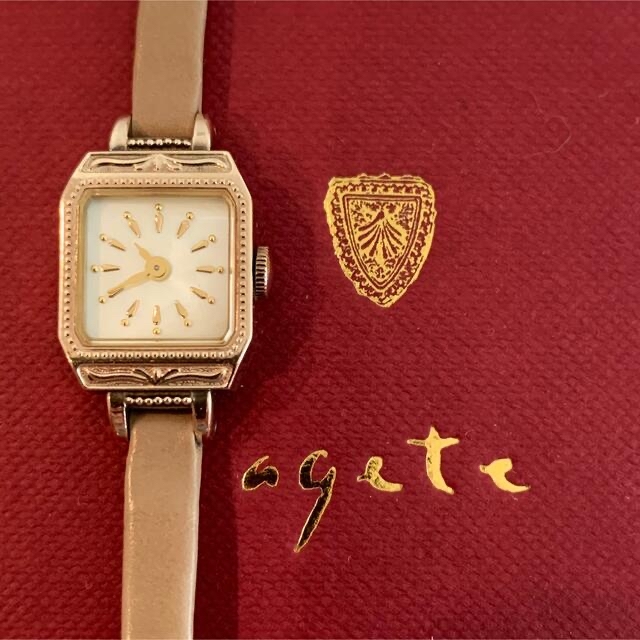 ファッション小物agete アガット　スクエアフェイス革ベルトウォッチ　アンティーク調　腕時計