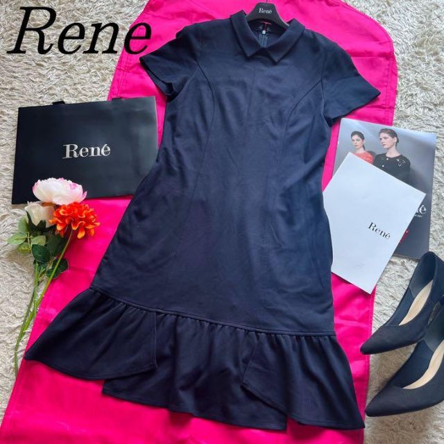 良品】Rene 襟付きフレアワンピース ネイビー 膝丈 上品 34 レディース ...