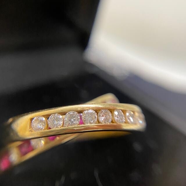 k18 計1ct ダイヤモンドとルビーのダブルリング　ハーフエタニティ　二連 レディースのアクセサリー(リング(指輪))の商品写真