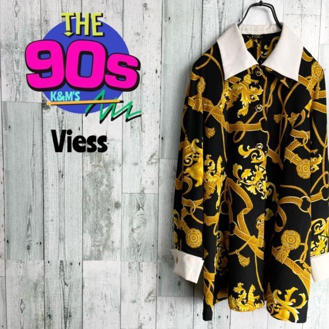 80's Viess 日本製　スカーフ柄　ダブルカラーカフス　ポリエステルシャツ