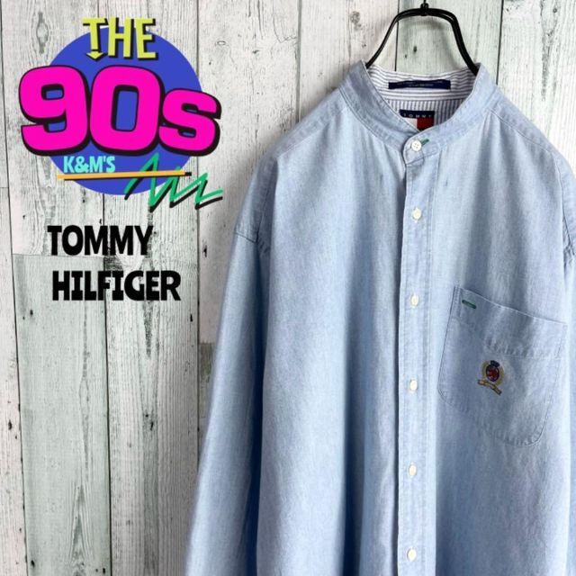 90's トミーヒルフィガー  ロゴ刺繍　ノーカラーデニムシャツ
