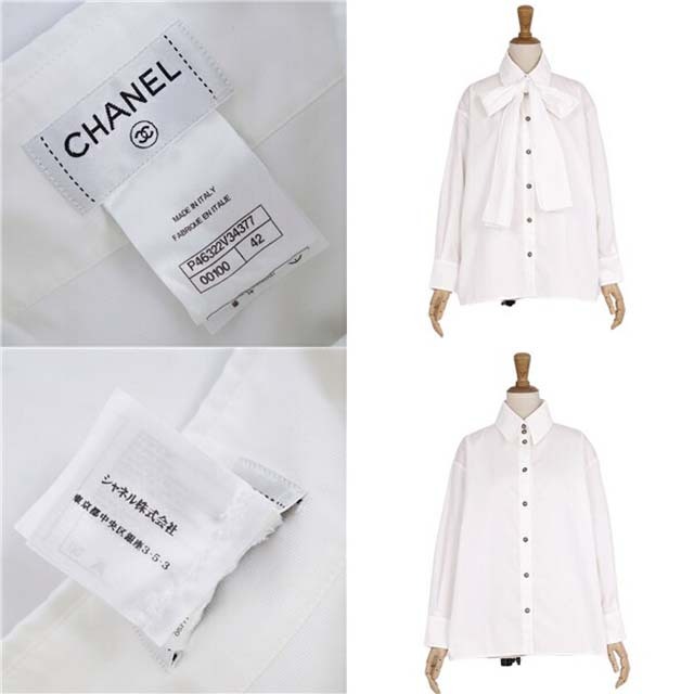 CHANEL(シャネル)のシャネル シャツ P46322 ブラウス ストール付き ライオンボタン コットン レディースのトップス(シャツ/ブラウス(半袖/袖なし))の商品写真