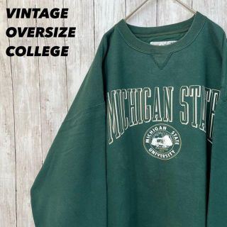 MICHIGAN STATEゆるだぼ前V背当てカレッジプリントスウェット　緑男女(スウェット)