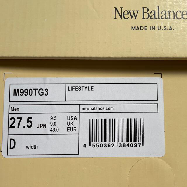 新品未使用  US9.5 New Balance M990v3 TG3 27.5 6