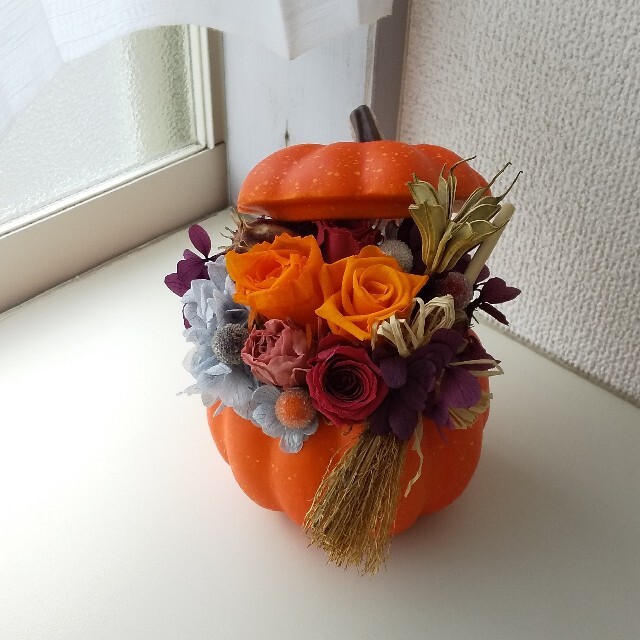 フタ付き パンプキン かぼちゃ ハロウィン アレンジ フラワーアレンジメント 秋