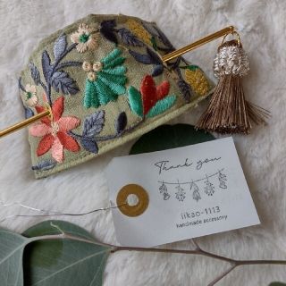 インド刺繍リボンのマジェステ　抹茶ボタニカル(ヘアアクセサリー)