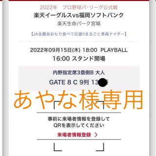 トウホクラクテンゴールデンイーグルス(東北楽天ゴールデンイーグルス)のあやな様専用　9/15 楽天イーグルス　観戦チケット　ソフトバンク戦(野球)