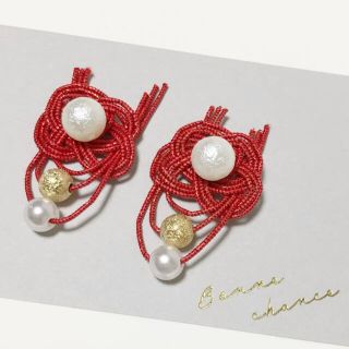 【12】赤い水引 パールピアス イヤリング(ピアス)