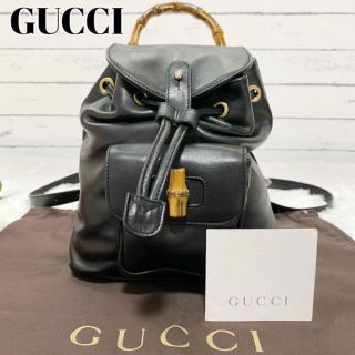 グッチ(Gucci)の【良品】オールドグッチ 巾着バッグ ミニリュック バンブー レザー ブラック(リュック/バックパック)