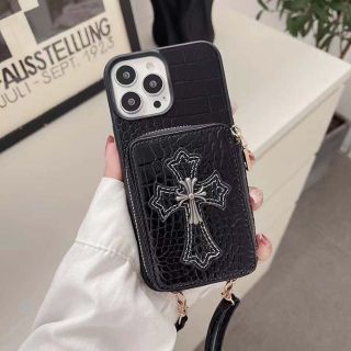 クロムハーツ(Chrome Hearts)のiPhoneケース＆ストラップ黒★ビッグシルバークロスオーナメントポケット付②(iPhoneケース)