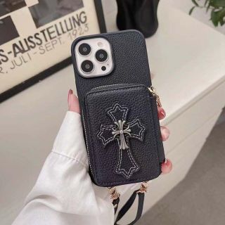 クロムハーツ(Chrome Hearts)のiPhoneケース＆ストラップ黒★ビッグシルバークロスオーナメントポケット付③(iPhoneケース)