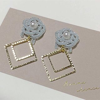 【13】水引パールピアス イヤリング 四角チャーム(ピアス)