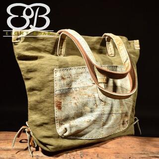 ◆加工帆布×加工牛本革スウェード デザイナーズ中型トートバッグ 緑茶◆k45(トートバッグ)