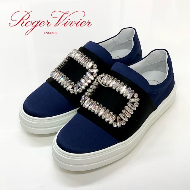 超熱 ビジュー ロジェヴィヴィエ 未使用 4771 VIVIER ROGER サテン ネイビー スニーカー スニーカー 