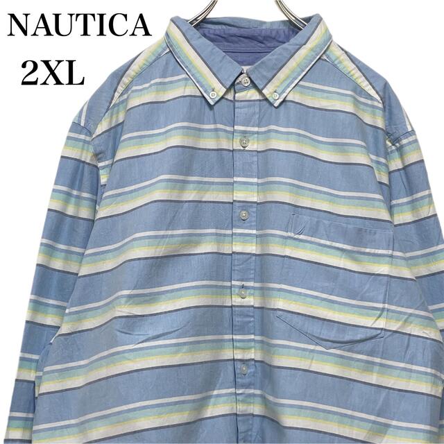 NAUTICA ノーティカ 長袖ボーダーシャツ 水色 ヴィンテージ メンズ2XL